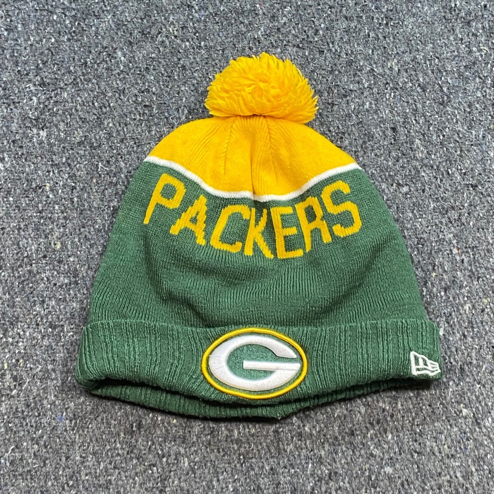 New Era Green Bay Packers Beanie OS Mens Green Gold NFL Football Pom Knit Hat